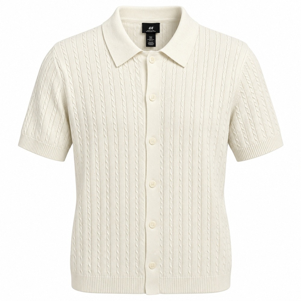 H&M Mens Large Cream Cable Knit Short Sleeve Button Up Polo Shirt NWT